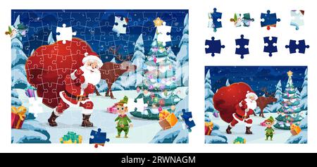 Weihnachtsspiel Puzzle Stücke, Zeichentrick Santa mit Geschenktüte in verschneiten Wald, Vektor Urlaub Unterhaltung. Silvester- oder Weihnachtsspiel zum Zusammenstellen von Puzzleteilen mit Weihnachtsmann, Hirsch und Elf Stock Vektor