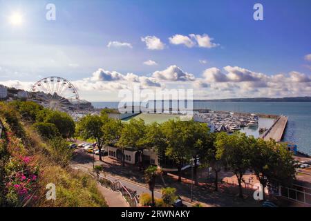 Blick vom Rock Walk Torquay über den Yachthafen und das große Rad in Richtung Berry Head Brixham über Tor Bay Stockfoto