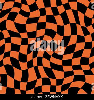 Halloween Psychedelic nahtloses Muster, optisch gewellter Hintergrund. Vektorverzerrter karierter Hippie-Hintergrund, kurvenförmiges Retro-Raster im Y2K-Stil, wiederholter verzerrter Druck in Orange und Schwarz Stock Vektor