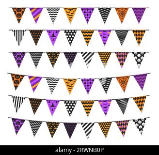 Halloween Weihnachtsgirlande Wimpel aus schwarzen, orangen und violetten Fahnen, Vektordekorationen. Happy Halloween and Trick or treat Party Celebration Fahnen mit Kürbis Laterne oder Hexenhut Muster Ornament Stock Vektor