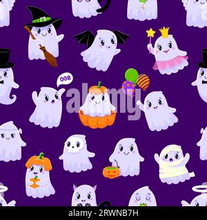 Cartoon niedliche Halloween Kawaii Geisterfiguren nahtloses Muster für Urlaub, Vektorhintergrund. Happy Halloween und Trick or Treat Party Muster Hintergrund mit lustigen Buh Geister Vampir mit Ballons Stock Vektor