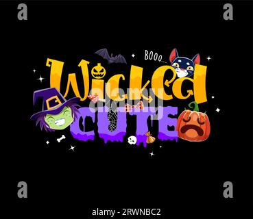 Niedliches Halloween-Weihnachtszitat mit Monster-Emojis-Figuren. Halloween Trick or Treat Night Vector Typografie mit lustiger Hexe, Kürbis, Fledermaus und Katze, Schädel, Süßigkeiten, Pilze und Spinnweben Stock Vektor