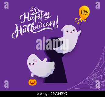 Halloween niedliche fliegende Kawaii-Geister im Schlüsselloch mit Bambusballon und Kürbis für den Urlaub, Cartoon-Vektor. Fröhliche Halloween- oder Horrorabend-Party-Begrüßung mit Hexenhut und niedlichen Geistern mit Spinnennetz Stock Vektor