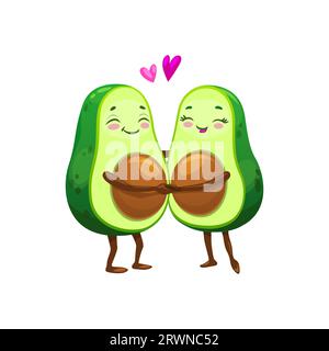 Comic mexikanische Avocado Charakter Paar in Liebe zu Herzen, Vektor Emoji oder Kawaii Emoticon. Fröhliche Avocado-Paare oder Freunde, die sich mit Herzen an den Händen halten, fröhliche Avocado-Food-Persönlichkeiten für Kinder Stock Vektor