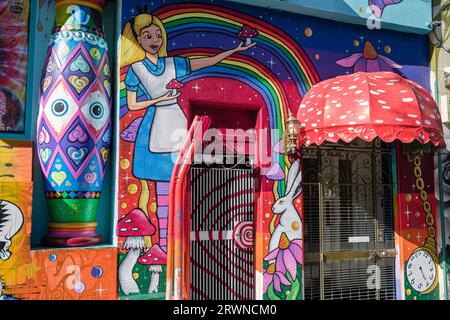 Wandbilder mit Alice-on-Wonderland-Motiv, die den „Jammin on Haight“-Shop im Haight Ashbury-Viertel von San Francisco, Kalifornien, USA schmücken Stockfoto