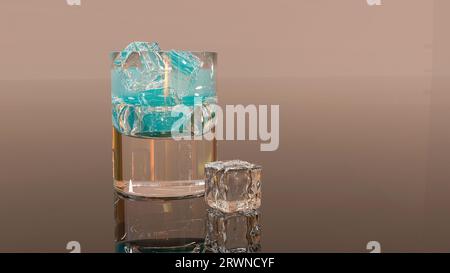 3D-Rendering – ein Glas mit blauem Gin und Eiswürfeln auf einer glänzenden Oberfläche. Stockfoto