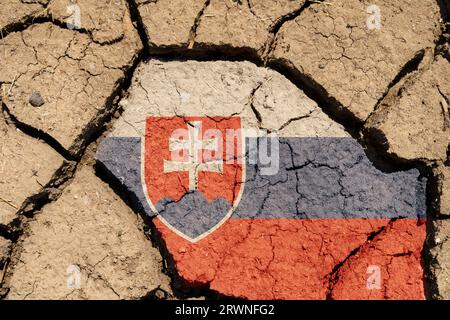 Umweltkonzept. Dürre. Auf trockenem, gerissenem Boden das Bild der slowakischen Flagge. Stockfoto