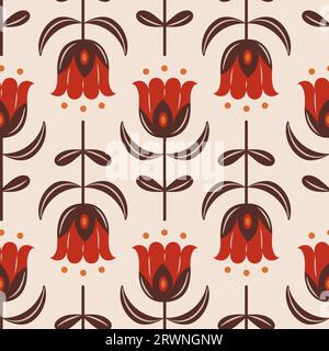 Tulpen haben ein nahtloses Muster. Vektorillustration im minimalistischen skandinavischen Vintage-Stil. Für Tapeten, Bedrucken auf Stoff, Umhüllung, Hintergrund Stock Vektor