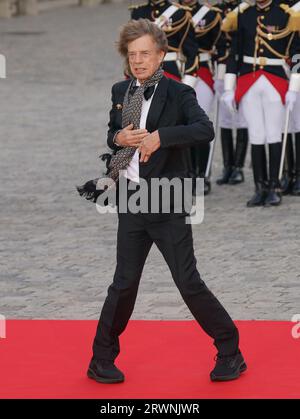 Mick Jagger besucht das Staatsbankett im Schloss von Versailles, Paris, während des Staatsbesuchs in Frankreich. Bilddatum: Mittwoch, 20. September 2023. Stockfoto