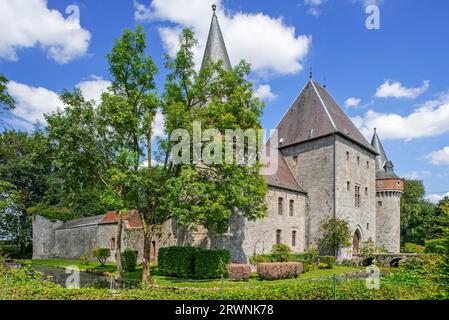 Château de Solre-sur-Sambre, befestigte Wasserburg aus dem 14. Jahrhundert in der Nähe von Erquelinnes, Provinz Hennegau, Wallonien, Belgien Stockfoto