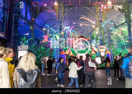 Besucher genießen das Erlebnis beim „The Butterfly Trail“-Event. Outernet London und Pixel Artworks haben sich zusammengetan, um das weltweit erste Mixed-Reality-Erlebnis namens „The Butterfly Trail“ zu starten. Die bahnbrechende Technologie, die die Grenzen des immersiven Designs überschreitet, ermöglicht es Besuchern, ihren eigenen Schmetterling an der Fingerspitze (über ihr Telefon) zu halten und ein eindringliches Erlebnis zu erleben, das noch nie zuvor möglich war. Der Butterfly Trail führt Besucher durch den unerschrockenen Botanischen Workshop des Entdeckers Professor Peter Pelgrin in sein Glashaus, wo sie interagieren und die Stadt erkunden können Stockfoto