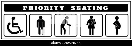 Symbole für bevorzugte Sitzplätze für Aufkleber, Deaktivieren, ältere Passagiere, Passagiere, Schwangere, alte Männer, Frau mit Kind Stockfoto