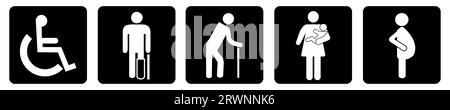 Lagervektorpriorität, Behinderte, ältere Passagiere, Passagiere, Schwangere, Alter Mann, Frau mit Kindersymbolen auf schwarzem Hintergrund Stockfoto