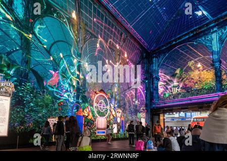 Besucher genießen das Erlebnis beim „The Butterfly Trail“-Event. Outernet London und Pixel Artworks haben sich zusammengetan, um das weltweit erste Mixed-Reality-Erlebnis namens „The Butterfly Trail“ zu starten. Die bahnbrechende Technologie, die die Grenzen des immersiven Designs überschreitet, ermöglicht es Besuchern, ihren eigenen Schmetterling an der Fingerspitze (über ihr Telefon) zu halten und ein eindringliches Erlebnis zu erleben, das noch nie zuvor möglich war. Der Butterfly Trail führt Besucher durch den unerschrockenen Botanischen Workshop des Entdeckers Professor Peter Pelgrin in sein Glashaus, wo sie interagieren und die Stadt erkunden können Stockfoto