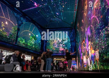 Besucher genießen das Erlebnis beim „The Butterfly Trail“-Event. Outernet London und Pixel Artworks haben sich zusammengetan, um das weltweit erste Mixed-Reality-Erlebnis namens „The Butterfly Trail“ zu starten. Die bahnbrechende Technologie, die die Grenzen des immersiven Designs überschreitet, ermöglicht es Besuchern, ihren eigenen Schmetterling an der Fingerspitze (über ihr Telefon) zu halten und ein eindringliches Erlebnis zu erleben, das noch nie zuvor möglich war. Der Butterfly Trail führt Besucher durch den unerschrockenen Botanischen Workshop des Entdeckers Professor Peter Pelgrin in sein Glashaus, wo sie interagieren und die Stadt erkunden können Stockfoto