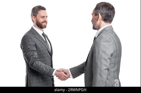 Fröhliche Geschäftsleute, die isoliert auf weißem Hintergrund handeln. Geschäftsmänner handeln Stockfoto