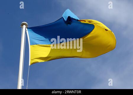 Ukrainische Flagge über Downing Street No 10, London, UK Stockfoto