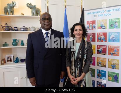 New York, USA. September 2023. Der Präsident der Demokratischen Republik Kongo, Felix Tshisekedi, und die belgische Außenministerin Hadja Lahbib, die vor einem Mittagessen des belgischen Premierministers mit dem Präsidenten der Demokratischen Republik Kongo in der belgischen Residenz am rande der 78. Tagung der Generalversammlung der Vereinten Nationen (UNGA78) in New York City, Vereinigte Staaten von Amerika, Mittwoch, 20. September 2023. BELGA PHOTO BENOIT DOPPAGNE Credit: Belga News Agency/Alamy Live News Stockfoto