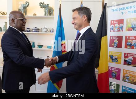 New York, USA. September 2023. Der Präsident der Demokratischen Republik Kongo Felix Tshisekedi und Premierminister Alexander de Croo, die vor einem Mittagessen des belgischen Premierministers mit dem Präsidenten der Demokratischen Republik Kongo in der belgischen Residenz am rande der 78. Tagung der Generalversammlung der Vereinten Nationen (UNGA78) in New York City, Vereinigte Staaten von Amerika, abgebildet wurden, Mittwoch, 20. September 2023. BELGA PHOTO BENOIT DOPPAGNE Credit: Belga News Agency/Alamy Live News Stockfoto