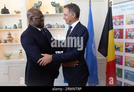 New York, USA. September 2023. Der Präsident der Demokratischen Republik Kongo Felix Tshisekedi und Premierminister Alexander de Croo, die vor einem Mittagessen des belgischen Premierministers mit dem Präsidenten der Demokratischen Republik Kongo in der belgischen Residenz am rande der 78. Tagung der Generalversammlung der Vereinten Nationen (UNGA78) in New York City, Vereinigte Staaten von Amerika, abgebildet wurden, Mittwoch, 20. September 2023. BELGA PHOTO BENOIT DOPPAGNE Credit: Belga News Agency/Alamy Live News Stockfoto