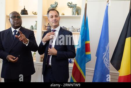 New York, USA. September 2023. Der Präsident der Demokratischen Republik Kongo Felix Tshisekedi und Premierminister Alexander de Croo, die vor einem Mittagessen des belgischen Premierministers mit dem Präsidenten der Demokratischen Republik Kongo in der belgischen Residenz am rande der 78. Tagung der Generalversammlung der Vereinten Nationen (UNGA78) in New York City, Vereinigte Staaten von Amerika, abgebildet wurden, Mittwoch, 20. September 2023. BELGA PHOTO BENOIT DOPPAGNE Credit: Belga News Agency/Alamy Live News Stockfoto