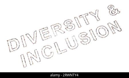 Konzeptionelle große Gemeinschaft von Menschen, die eine Botschaft ZU VIELFALT und EINBEZIEHUNG formulieren. 3D Illustration Metapher für Toleranz, Nichtdiskriminierung, Zusammenarbeit Stockfoto