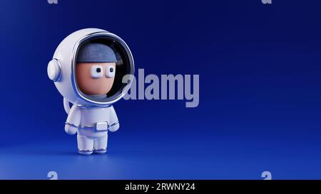 Astronaut, Zeichentrickfigur eines Forschers in einem weißen Raumanzug mit Metallelementen in minimalistischem Stil auf blauem Hintergrund. 3D-Rendering. Stockfoto