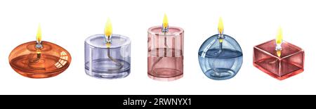 Set von Aquarellillustration mit Öllampe aus mundgeblasenem Glas auf weißem Hintergrund. Perfekt für Grußkarten, Einladungen und andere Druckprojekte Stockfoto