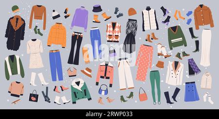 Große Winterkleidung für Frauen. Flache Vektorgrafiken Stock Vektor
