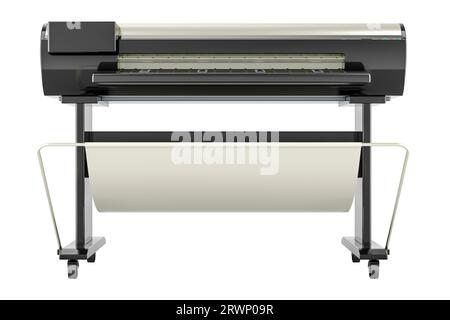 Großformatdrucker. Plotter, Großformat-Tintenstrahldrucker, Vorderansicht. 3D-Rendering isoliert auf weißem Hintergrund Stockfoto