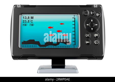 Fischsucher, tragbarer Fischscanner mit LCD-Bildschirm. 3D-Rendering isoliert auf weißem Hintergrund Stockfoto