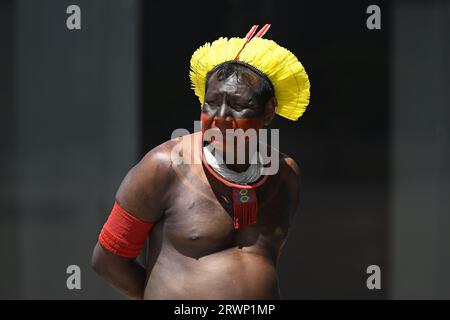 DF - BRASILIA - 09/20/2023 - BRASILIA, URTEIL DER STF ÜBER MARCO TEMPORAL - Indigene aus dem ganzen Land treten für die Genehmigung eines Gesetzes ein, das die Abgrenzung indigener Länder gewährleistet, über die am Mittwoch, den 20. September, in Brasilia, Brasilien, der Bundesgerichtshof abstimmen wird, 2023. Foto: Mateus Bonomi/AGIF (Foto: Mateus Bonomi/AGIF/SIPA USA) Stockfoto