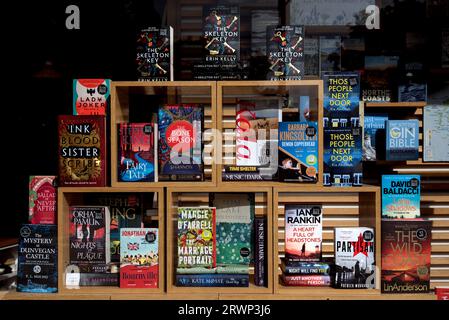 Auswahl an Büchern im Schaufenster des Waterstones Bookshops in Princes Street, Edinburgh, Schottland, Großbritannien. Stockfoto