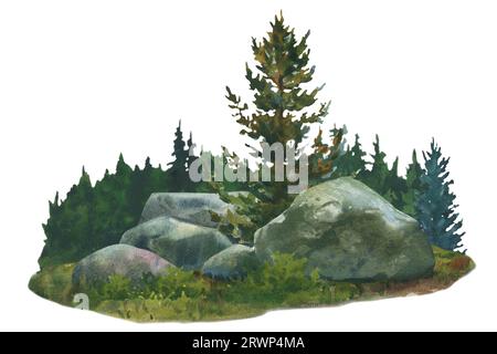 Waldlandschaft mit Felsen und Bäumen. Handgezeichnete Aquarellillustration isoliert auf weißem Hintergrund. Stockfoto