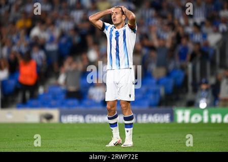 San Sebastian, Spanien. September 2023. Mikel Oyarzabal von Real Sociedadwährend des UEFA Champions League-Spiels, Gruppe D, zwischen Real Sociedad und Inter Mailand spielte am 20. September 2023 im Stadion reale Arena in San Sebastian. (Foto: Cesar Ortiz/PRESSINPHOTO) Credit: PRESSINPHOTO SPORTS AGENCY/Alamy Live News Stockfoto