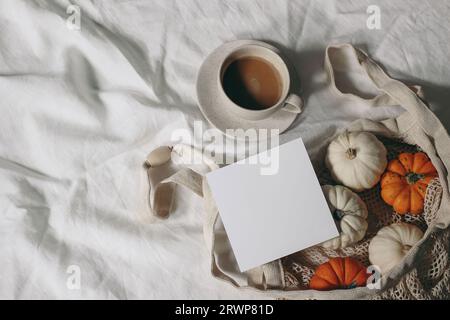 Herbstmotiv für Schreibwaren. Leere quadratische Grußkarte, Einladung. Orangefarbene, weiße Kürbisse im Netzbeutel. Leinentischtuch Hintergrund. Tasse Kaffee Stockfoto