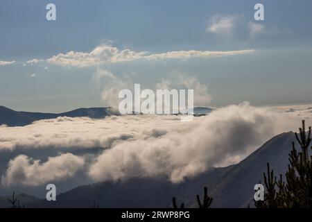 Nebelwolke bei Sonnenuntergang zwischen den Bergen, Blick auf die hohen Berge mit Kiefernwald Stockfoto