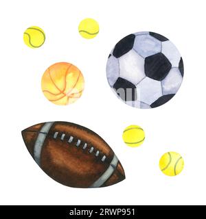 Aquarellkugeln. American Football, Fußball, Tennis, Bucketball Ball. Handgezeichnete Abbildung isoliert auf weiß Stockfoto