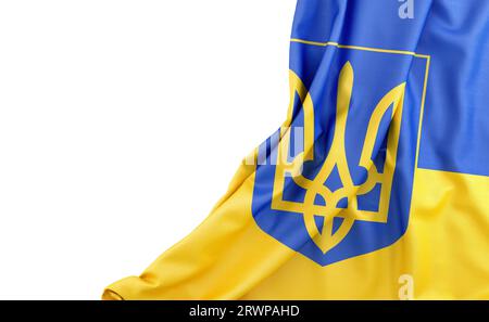 Flagge der Ukraine (mit COA) mit leerem Platz auf der linken Seite. Isoliert. 3D-Rendering Stockfoto