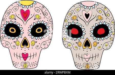 2er-Set mit Zuckerskullen mit abstraktem Muster in trendigen Farbtönen. Alles Gute für Dia de los Muertos. Mexiko. Vektor. EPS. Isolieren. Design für Poster, Banner, Broschüre, Gruß- oder Einladungskarte, Preis, Etikett oder Web Stock Vektor