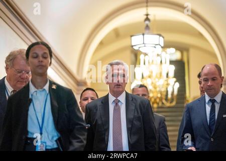 Washington, Usa. September 2023. Kevin McCarthy, R-CA, ist am Mittwoch, den 20. September 2023, zu einem geschlossenen Treffen mit der republikanischen Führung im US-Kapitol in Washington, DC, gekommen. Foto von Bonnie Cash/UPI Credit: UPI/Alamy Live News Stockfoto