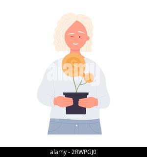Glückliche Frau, die Geldtopfpflanze hält. Illustration des Zeichentrickvektors „Wachstum des Investitionsgewinns“ Stock Vektor