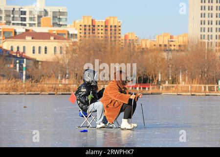 LUANNAN COUNTY, China - 16. Januar 2022: Die Besucher laufen im Park, Nordchina Stockfoto