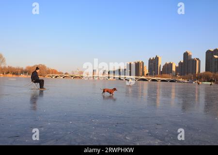 LUANNAN COUNTY, China - 16. Januar 2022: Die Besucher laufen im Park, Nordchina Stockfoto