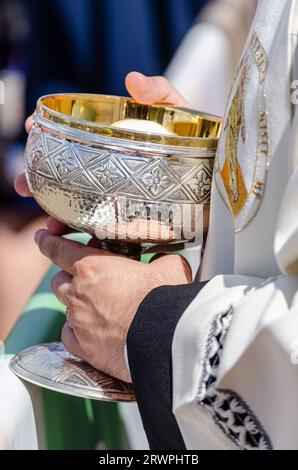 Hände eines katholischen Priesters, der einen Kelch hält Stockfoto