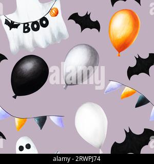 Nahtloses Wasserfarbenmuster mit festlichen Flaggen, niedlichen Geistern, Fledermäusen und Ballons für halloween-Illustration. Handmalerei Postkarte isoliert auf weißem BA Stockfoto