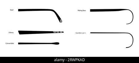 Bügelset Arm Eye Rahmen Brille Mode Accessoire Illustration. Sonnenbrille Teil Silhouette Stil, flache Brille Brillen skizzieren Stil isoliert auf weißem Hintergrund Stock Vektor