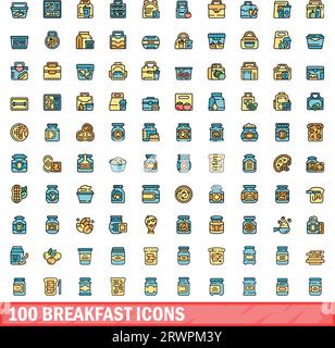 100 Frühstückssymbole. Farbliniensatz mit Frühstücksvektorsymbolen dünne Linienfarbe flach auf weiß Stock Vektor