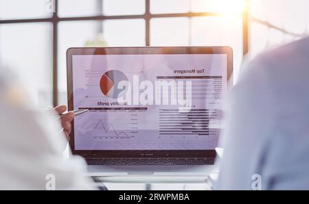 Nahaufnahme von zwei Geschäftsleuten, die ein Notebook verwenden, Analyse von Unternehmensstatistiken Stockfoto