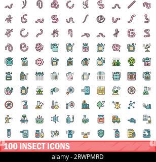 100 Insektensymbole gesetzt. Farbliniensatz mit Insektenvektorsymbolen dünne Linie flach auf weiß Stock Vektor